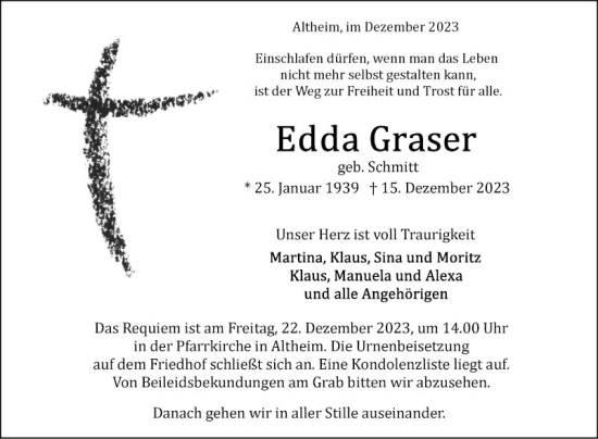 Traueranzeige von Edda Graser von Fränkische Nachrichten