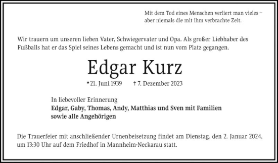 Traueranzeige von Edgar Kurz von Mannheimer Morgen
