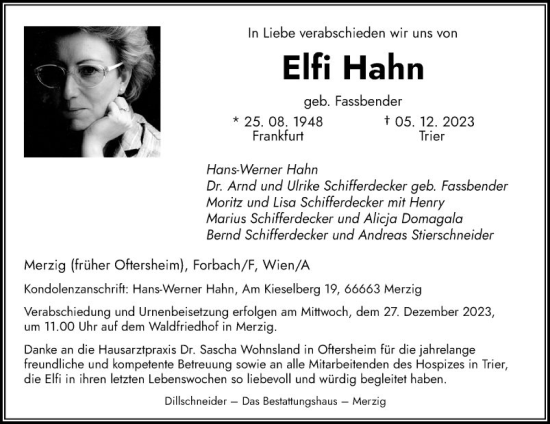 Traueranzeige von Elfi Hahn von Mannheimer Morgen