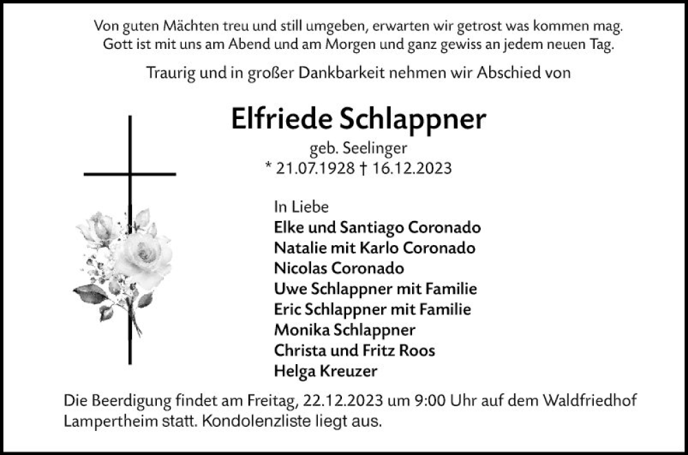  Traueranzeige für Elfriede Schlappner vom 20.12.2023 aus Mannheimer Morgen