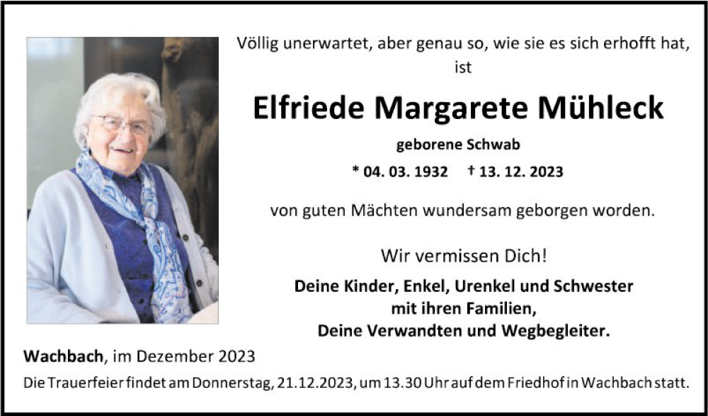  Traueranzeige für Elfriede Margarete Mühleck vom 19.12.2023 aus Fränkische Nachrichten