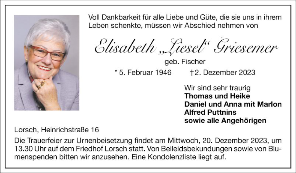  Traueranzeige für Elisabeth Griesemer vom 16.12.2023 aus Bergsträßer Anzeiger