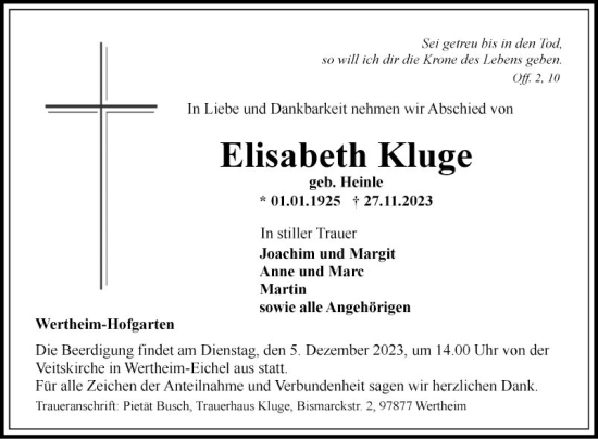 Traueranzeige von Elisabeth Kluge von Fränkische Nachrichten