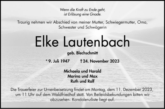 Traueranzeige von Elke Lautenbach von Bergsträßer Anzeiger