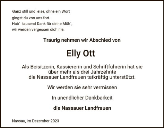 Traueranzeige von Elly Ott von Fränkische Nachrichten