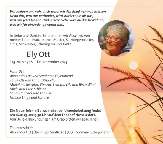 Traueranzeige von Elly Ott von Fränkische Nachrichten