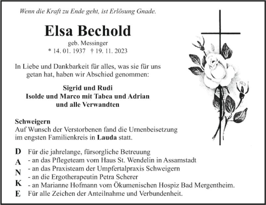 Traueranzeige von Elsa Bechold von Fränkische Nachrichten