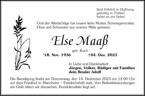 Traueranzeige von Else Maaß von Mannheimer Morgen