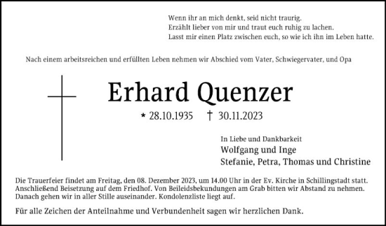 Traueranzeige von Erhard Quenzer von Fränkische Nachrichten
