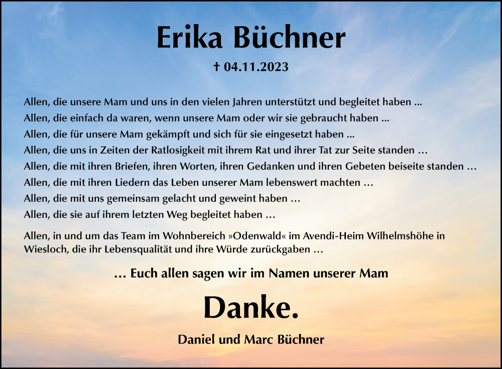  Traueranzeige für Erika Büchner vom 23.12.2023 aus Schwetzinger Zeitung