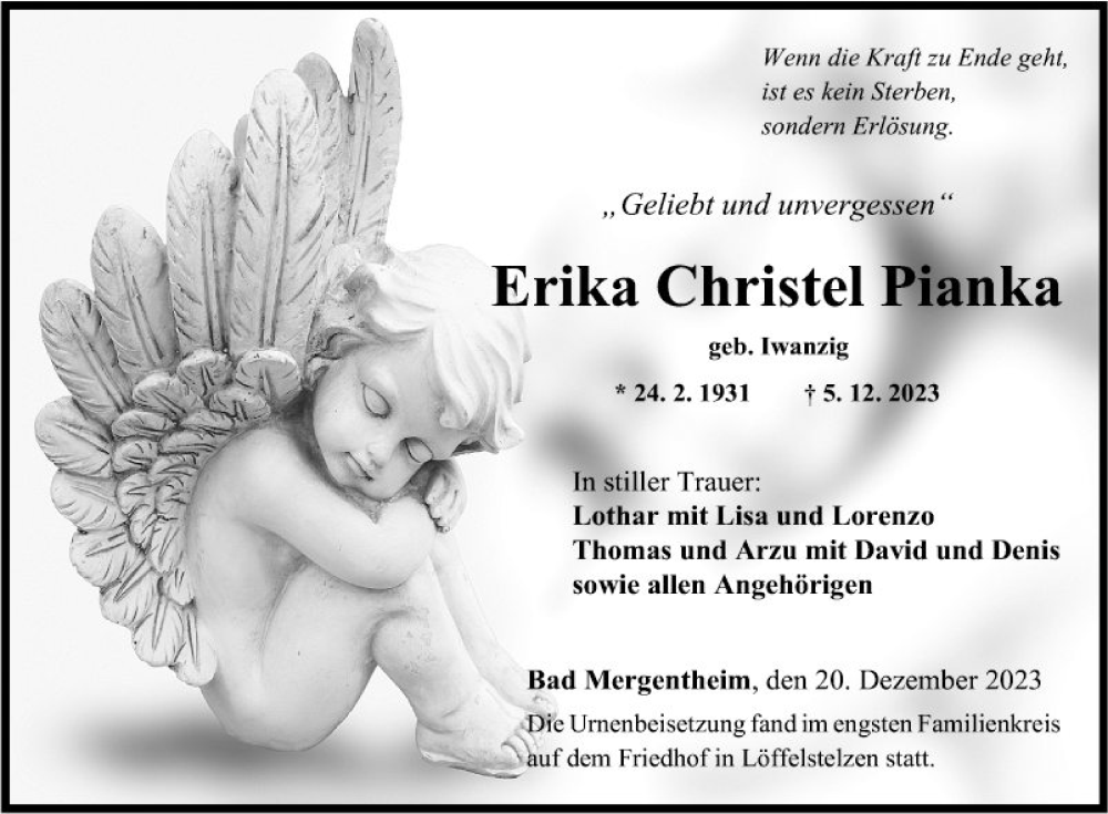  Traueranzeige für Erika Christel Pianka vom 20.12.2023 aus Fränkische Nachrichten