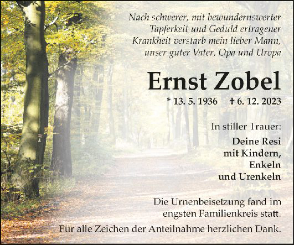  Traueranzeige für Ernst Zobel vom 21.12.2023 aus Fränkische Nachrichten