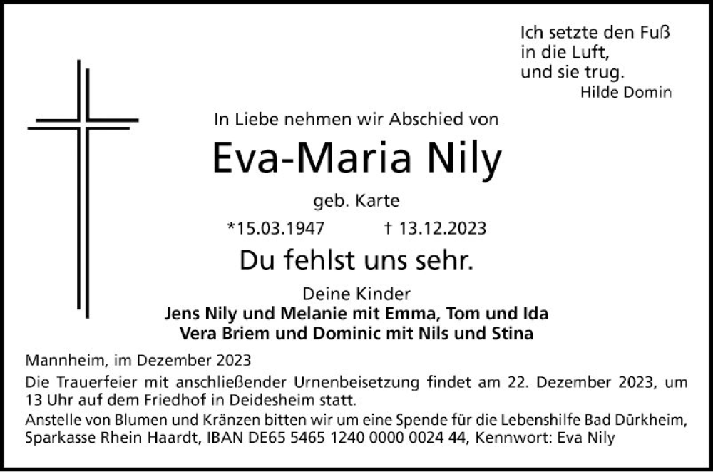  Traueranzeige für Eva-Maria Nily vom 16.12.2023 aus Mannheimer Morgen