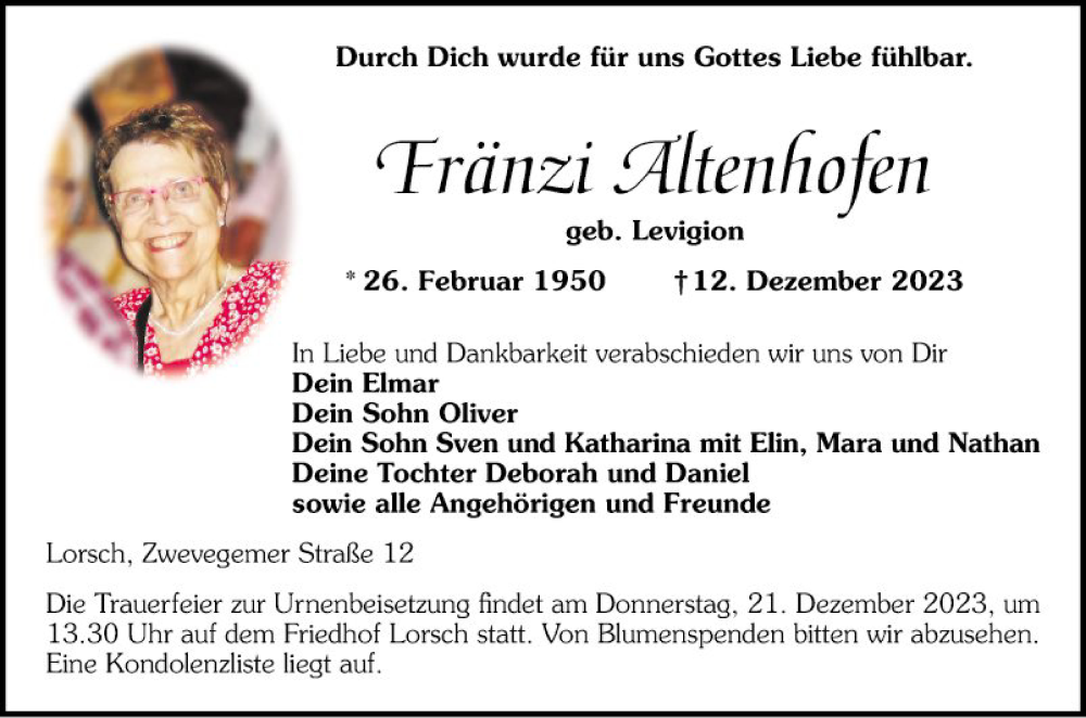  Traueranzeige für Fränzi Altenhofen vom 16.12.2023 aus Bergsträßer Anzeiger