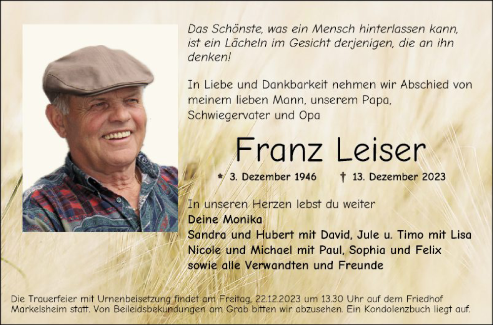  Traueranzeige für Franz Leiser vom 19.12.2023 aus Fränkische Nachrichten