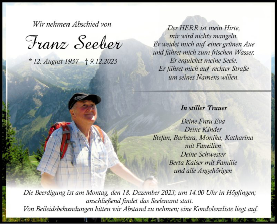 Traueranzeige von Franz Seeber von Fränkische Nachrichten