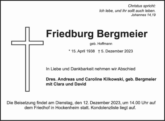 Traueranzeige von Friedburg Bergmeier von Schwetzinger Zeitung