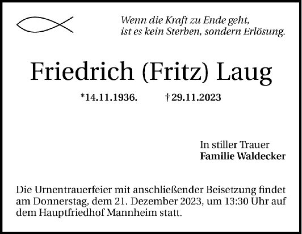  Traueranzeige für Friedrich  Laug vom 16.12.2023 aus Mannheimer Morgen