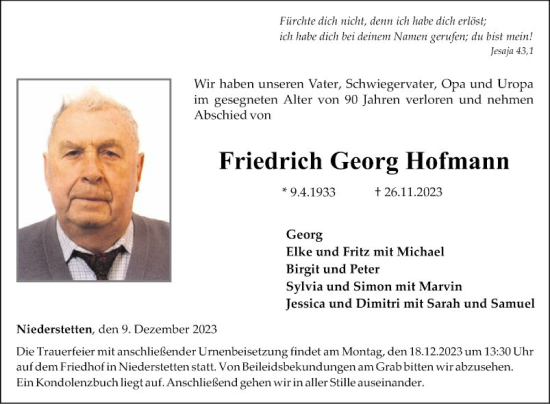 Traueranzeige von Friedrich Georg Hofmann von Fränkische Nachrichten