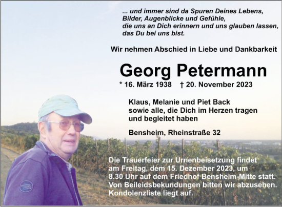 Traueranzeige von Georg Petermann von Bergsträßer Anzeiger