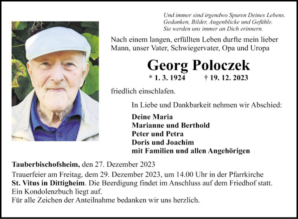  Traueranzeige für Georg Poloczek vom 27.12.2023 aus Fränkische Nachrichten