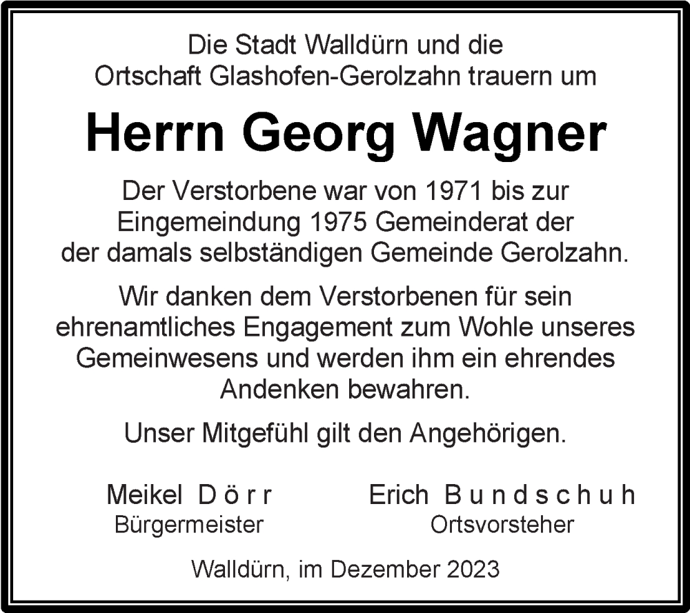  Traueranzeige für Georg Wagner vom 23.12.2023 aus Fränkische Nachrichten