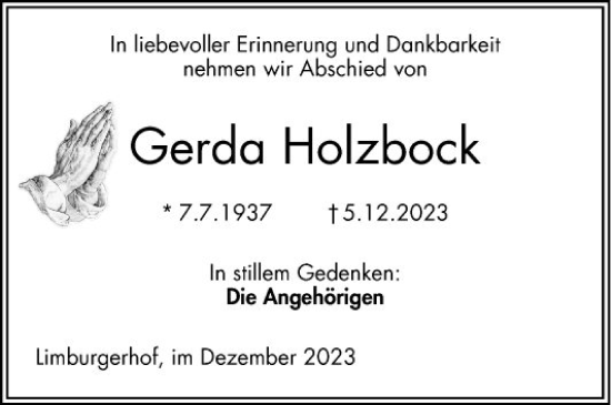 Traueranzeige von Gerda Holzbock von Mannheimer Morgen