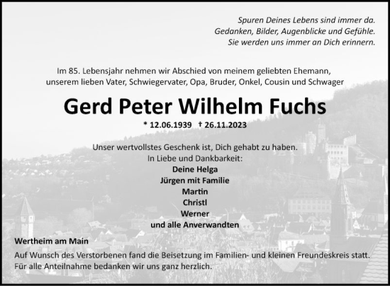 Traueranzeige von Gerd Peter Wilhelm Fuchs von Fränkische Nachrichten