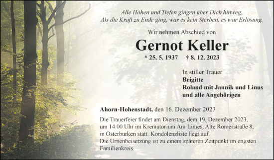 Traueranzeige von Gernot Keller von Fränkische Nachrichten