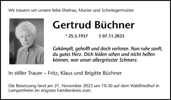 Traueranzeige von Gertrud Büchner von Mannheimer Morgen