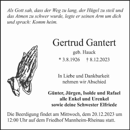 Traueranzeige von Gertrud Gantert von Mannheimer Morgen