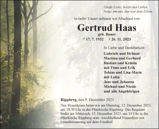 Traueranzeige von Gertrud Haas von Fränkische Nachrichten