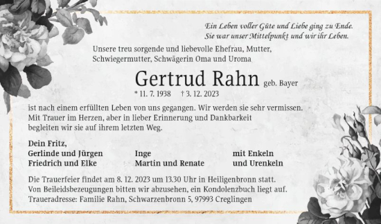 Traueranzeige von Gertrud Rahn von Fränkische Nachrichten