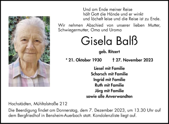 Traueranzeige von Gisela Balß von Bergsträßer Anzeiger