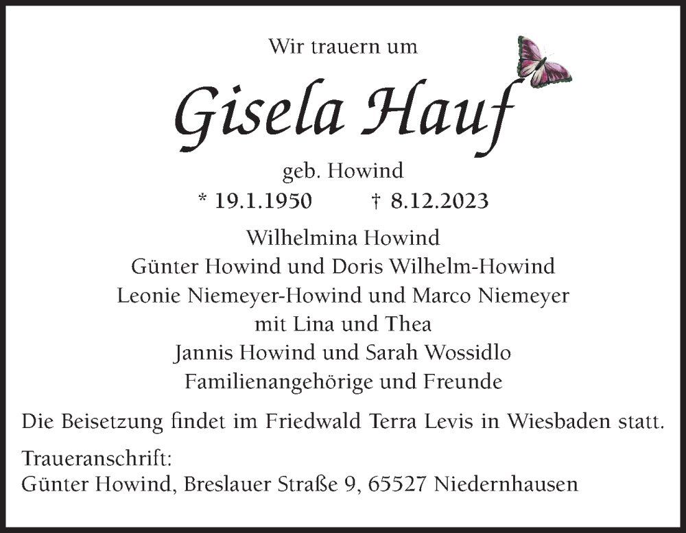  Traueranzeige für Gisela Hauf vom 23.12.2023 aus Schwetzinger Zeitung