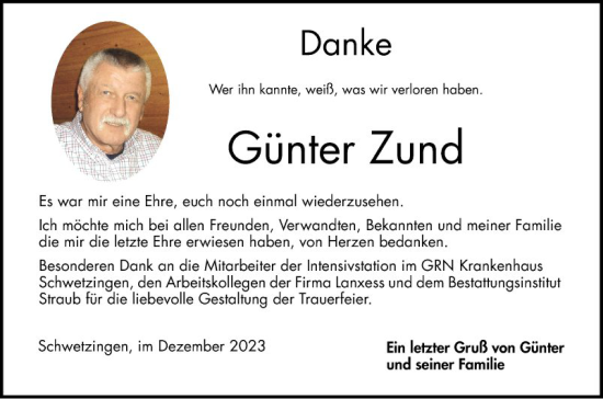 Traueranzeige von Günter Zund von Schwetzinger Zeitung