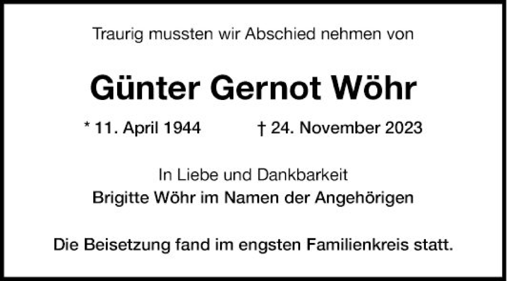  Traueranzeige für Günter Gernot Wöhr vom 16.12.2023 aus Mannheimer Morgen