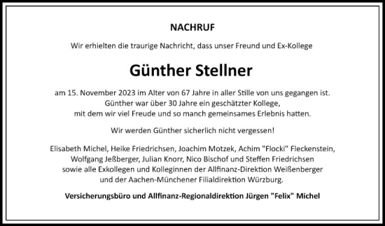 Traueranzeige von Günther Stellner von Fränkische Nachrichten