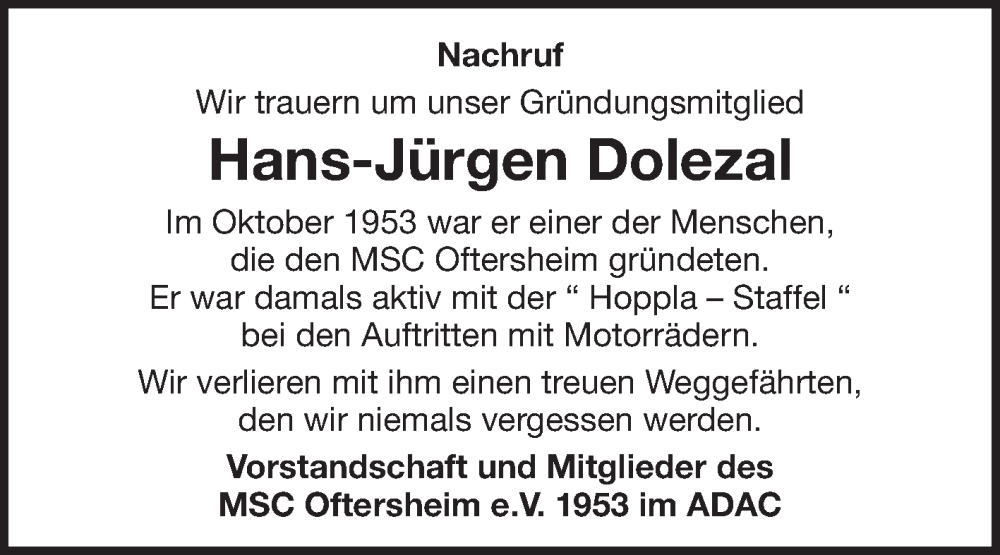  Traueranzeige für Hans-Jürgen Dolezal vom 23.12.2023 aus Schwetzinger Zeitung