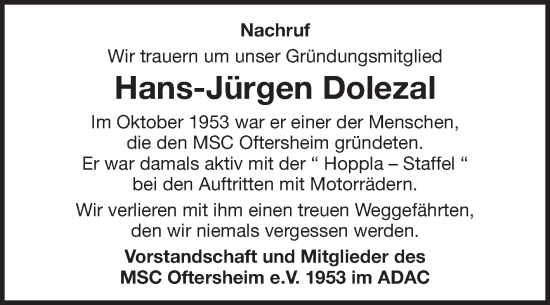 Traueranzeige von Hans-Jürgen Dolezal von Schwetzinger Zeitung