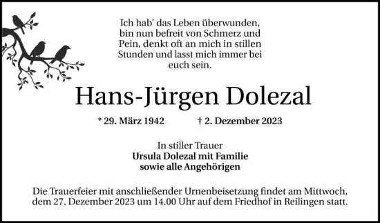 Traueranzeige von Hans-Jürgen Dolezal von Schwetzinger Zeitung