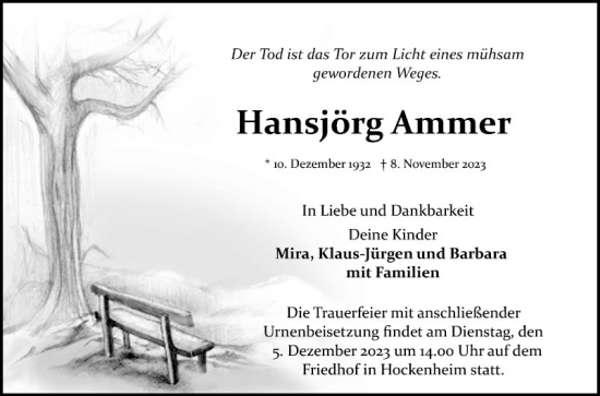 Traueranzeige von Hansjörg Ammer von Schwetzinger Zeitung