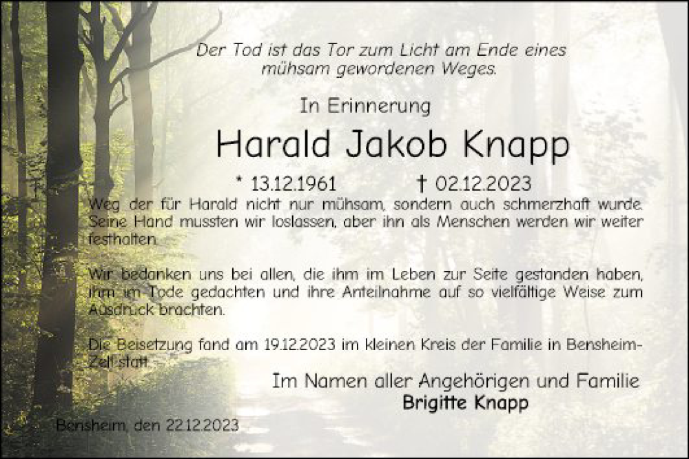  Traueranzeige für Harald Jakob Knapp vom 30.12.2023 aus Bergsträßer Anzeiger