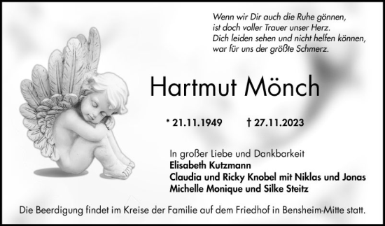 Traueranzeige von Hartmut Mönch von Bergsträßer Anzeiger