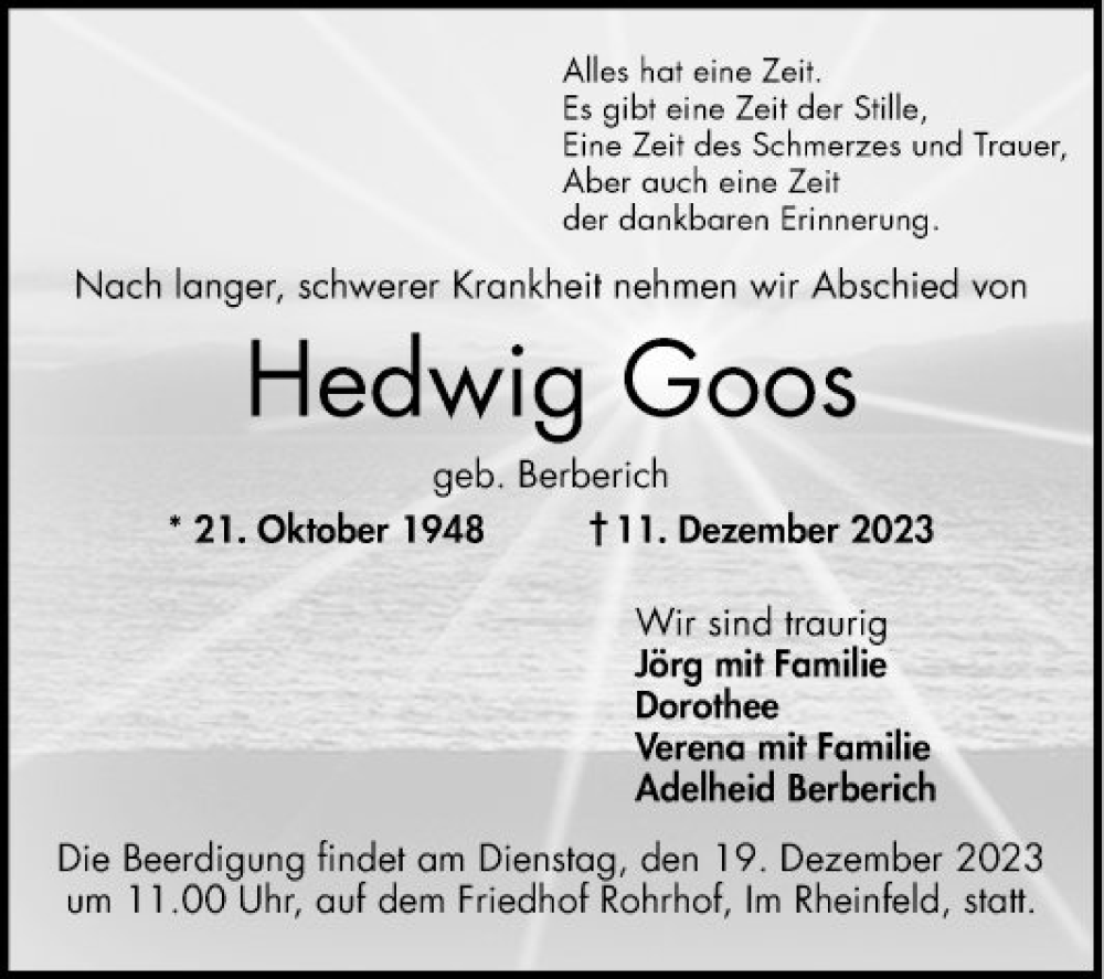  Traueranzeige für Hedwig Goos vom 16.12.2023 aus Schwetzinger Zeitung