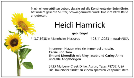 Traueranzeige von Heidi Hamrick von Mannheimer Morgen