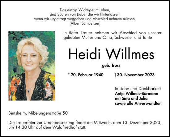 Traueranzeige von Heidi Willmes von Bergsträßer Anzeiger