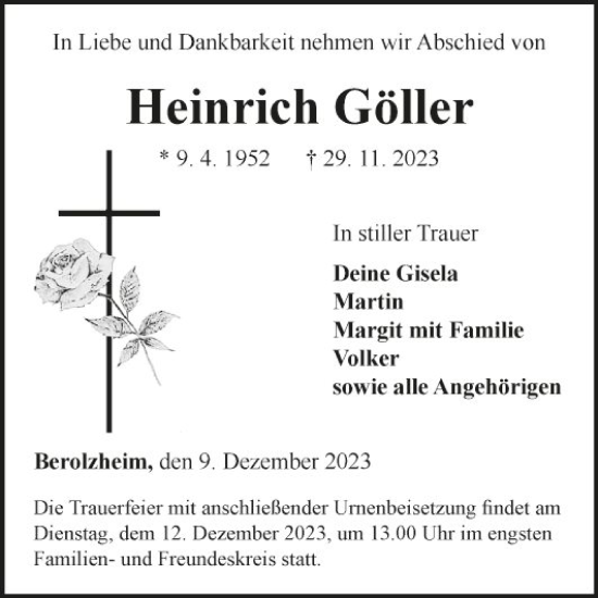 Traueranzeige von Heinrich Göller von Fränkische Nachrichten