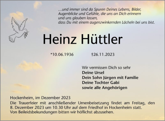 Traueranzeige von Heinz Hüttler von Schwetzinger Zeitung