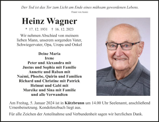 Traueranzeige von Heinz Wagner von Fränkische Nachrichten